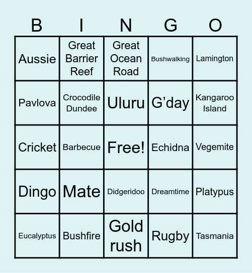 Australian Bingo Card