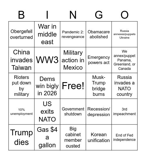 Trump Second Term Bingo Card