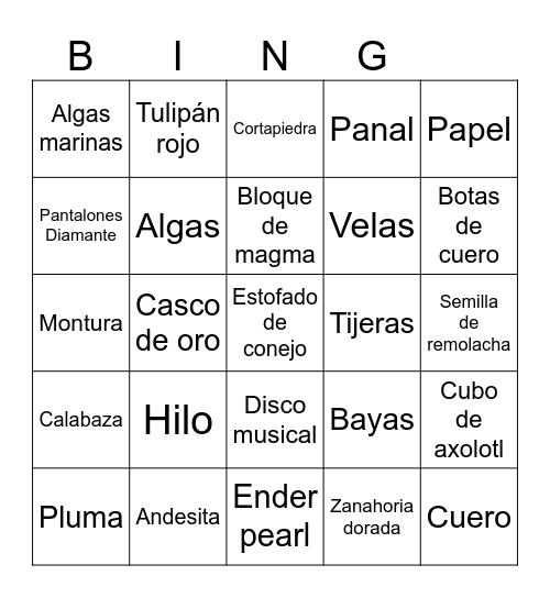 Minecraft bingo Card