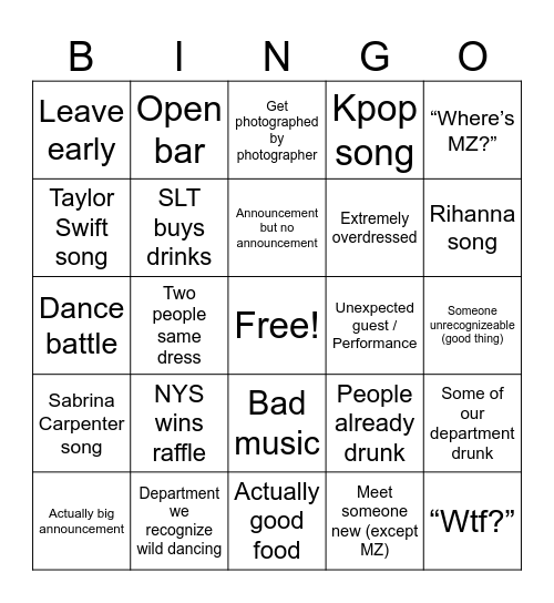 Winter Party Bingo Card
