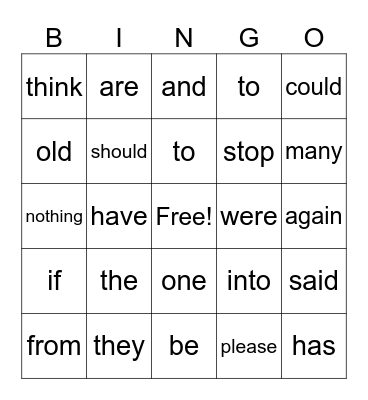 Sight Words Bingo Card