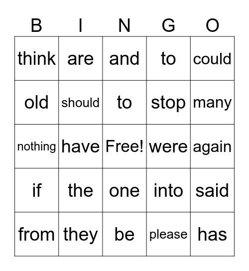 Sight Words Bingo Card