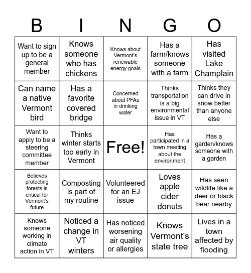 Vermont Environmental Justice Network Bingo Card