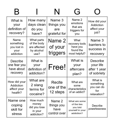 Recovery Bingo! Bingo Card