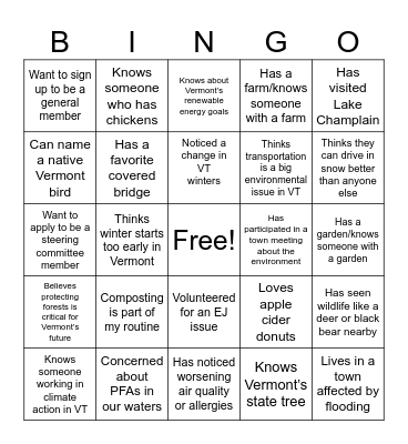 Vermont Environmental Justice Network Bingo Card