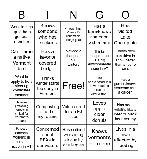Vermont Environmental Justice Network Bingo Card