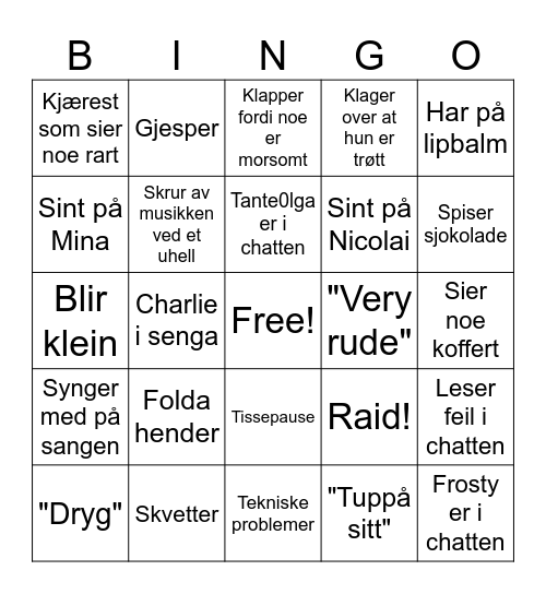 Niva's Stream Bingo Card