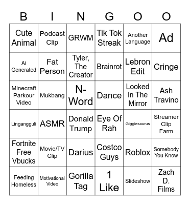 Tik Tok Bingo Card