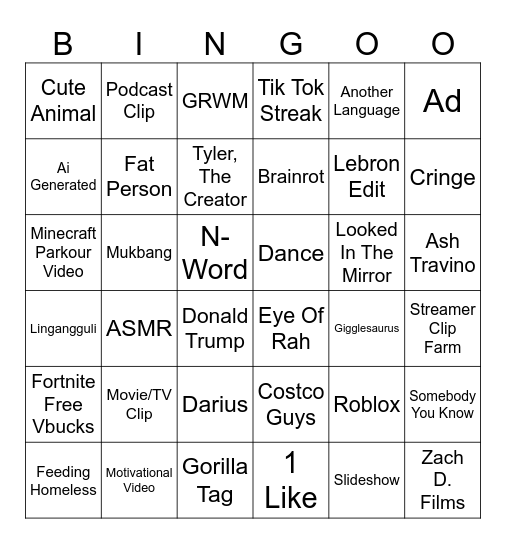 Tik Tok Bingo Card