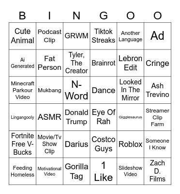Tiktok Bingo Card