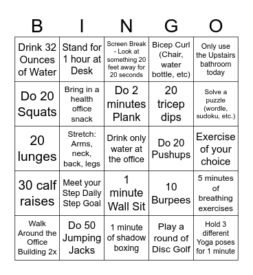 SWM Fitness Bingo Card