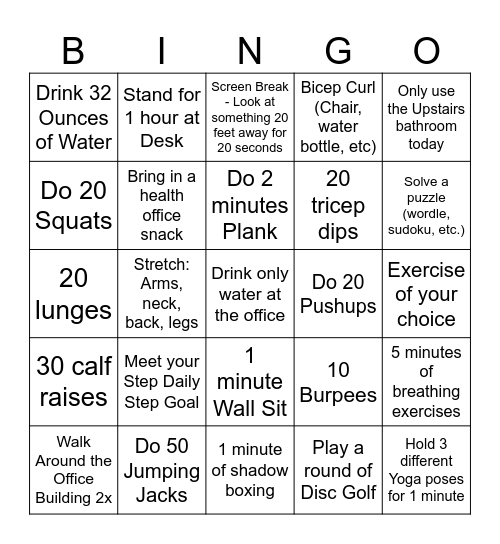 SWM Fitness Bingo Card