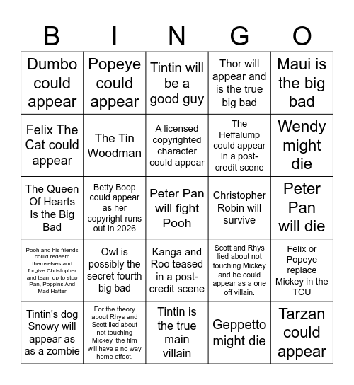 Poohniverse: Monsters Assemble Bingo Card