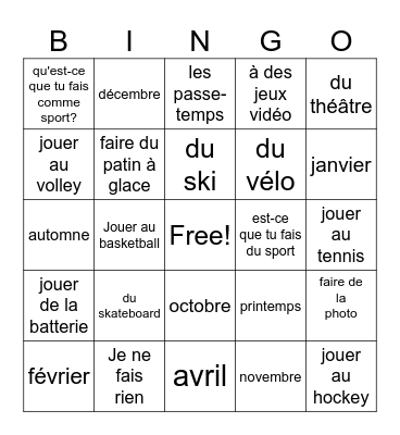 Faire and Jouer Bingo Card