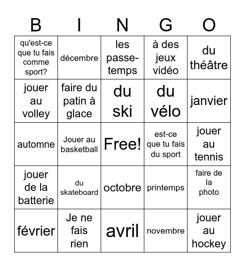 Faire and Jouer Bingo Card
