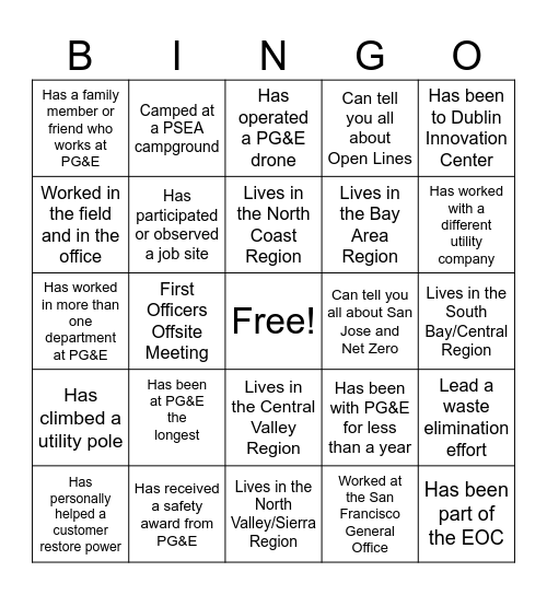 Officers Dinner Bingo Card