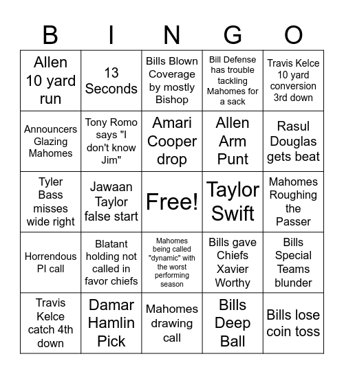 Bills vs Chiefs Bingo Card