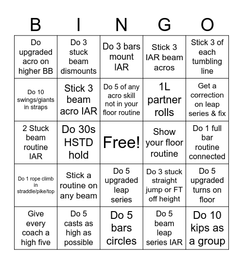 Gymnastics Bingo Card