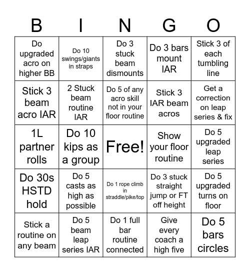 Gymnastics Bingo Card
