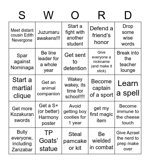 Chimera Academy Bingo Card