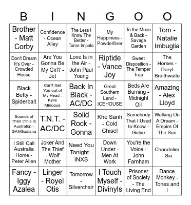 Aussie Anthems Bingo Card
