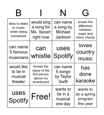Musical Bingo Card