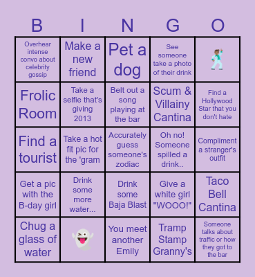 RIP to my 20s - Hollywood Bar Crawl Bingo Card