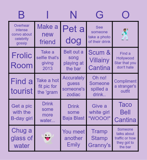 RIP to my 20s - Hollywood Bar Crawl Bingo Card