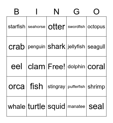 Sea Animals Bingo Card