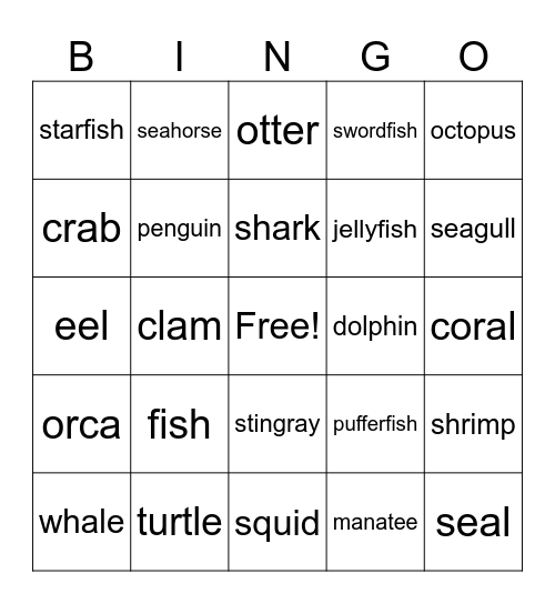 Sea Animals Bingo Card