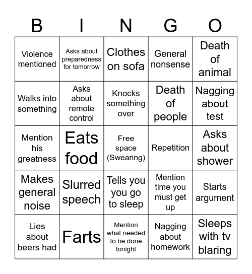 Drunk Dad Bingo Card