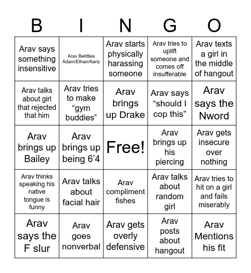 Arav hate club Bingo Card