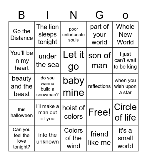"Disney Not Disney" Bingo Card