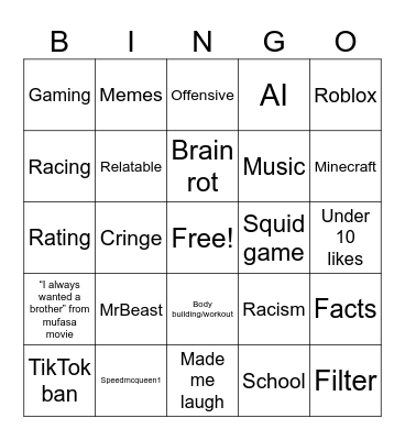 YT Shorts Bingo Card