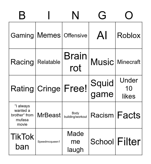 YT Shorts Bingo Card