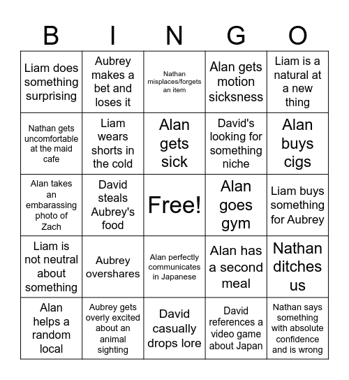 Zach's 2025 Japan Bingo Card Bingo Card