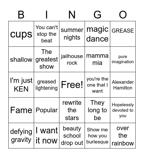 Musicals Bingo Card