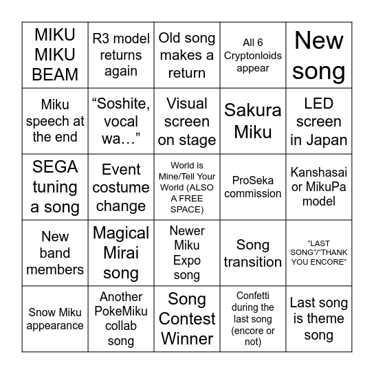 Hatsune Miku Blooming Japan Tour 2025 Bingo Card