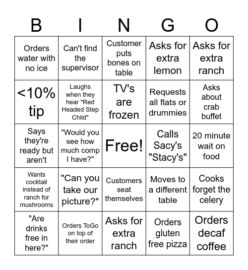 Restaurant Bingo Card