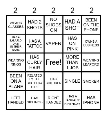 Sharon's 22nd Birthday Slumber Party Bingo Card