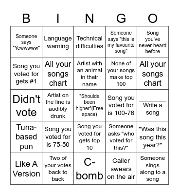 Hottest 100 Bingo Card