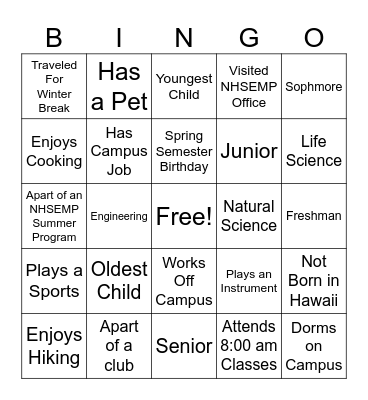 NHSEMP Orientation Bingo Card