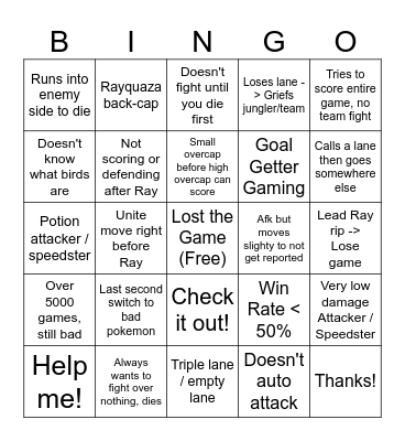 Pokemon Unite Bad Teammates Bingo Card