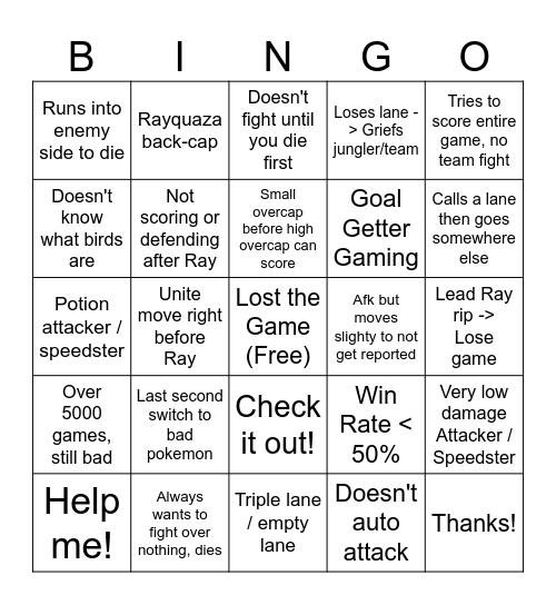 Pokemon Unite Bad Teammates Bingo Card