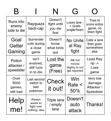 Pokemon Unite Bad Teammates Bingo Card