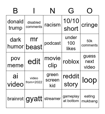 youtube shorts bingo Card