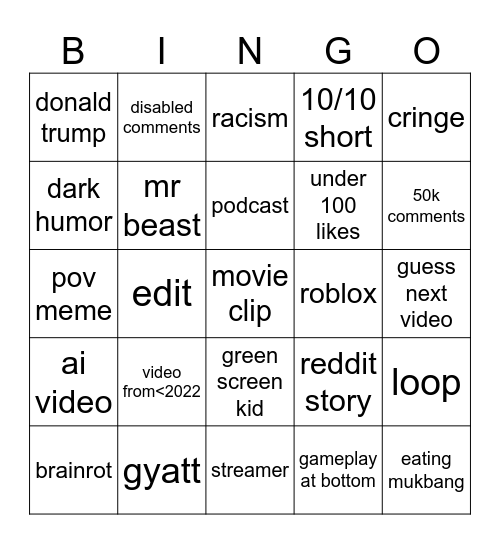youtube shorts bingo Card