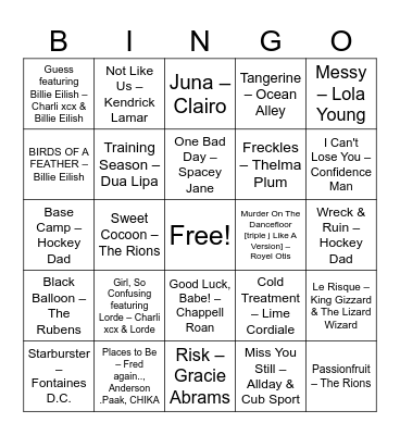 HOTTEST 100 BINGO Card
