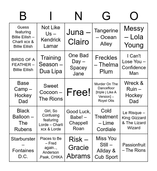 HOTTEST 100 BINGO Card
