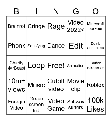 YouTube shorts Bingo Card